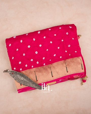 Deep Pink Bandhani Semi Silk Saree — Folded