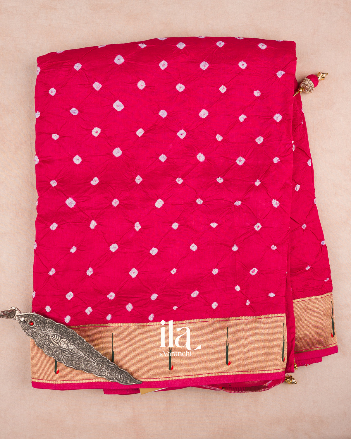 Deep Pink Bandhani Semi Silk Saree — Full Saree