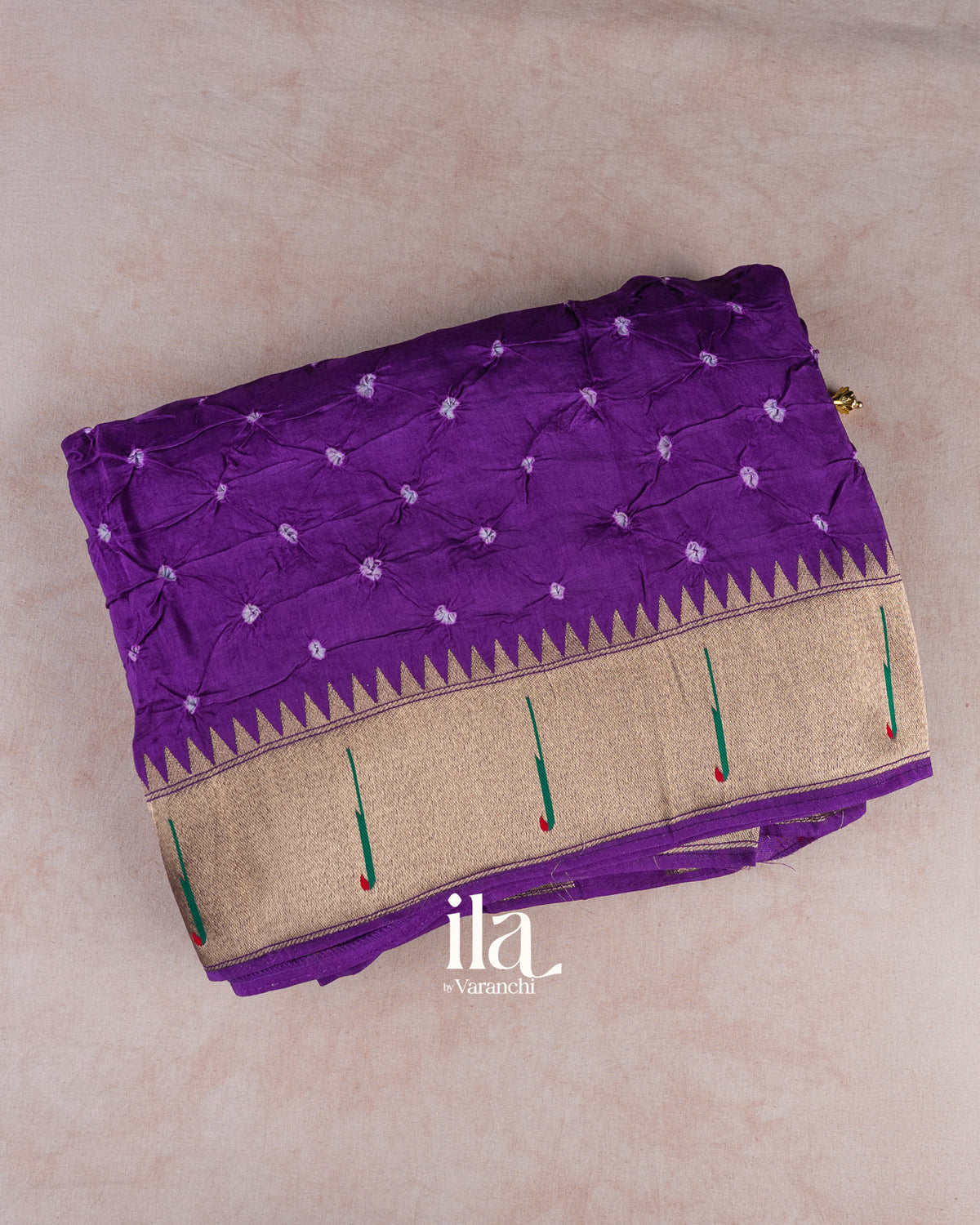 Deep Violet Bandhani Semi Silk Saree — Folded