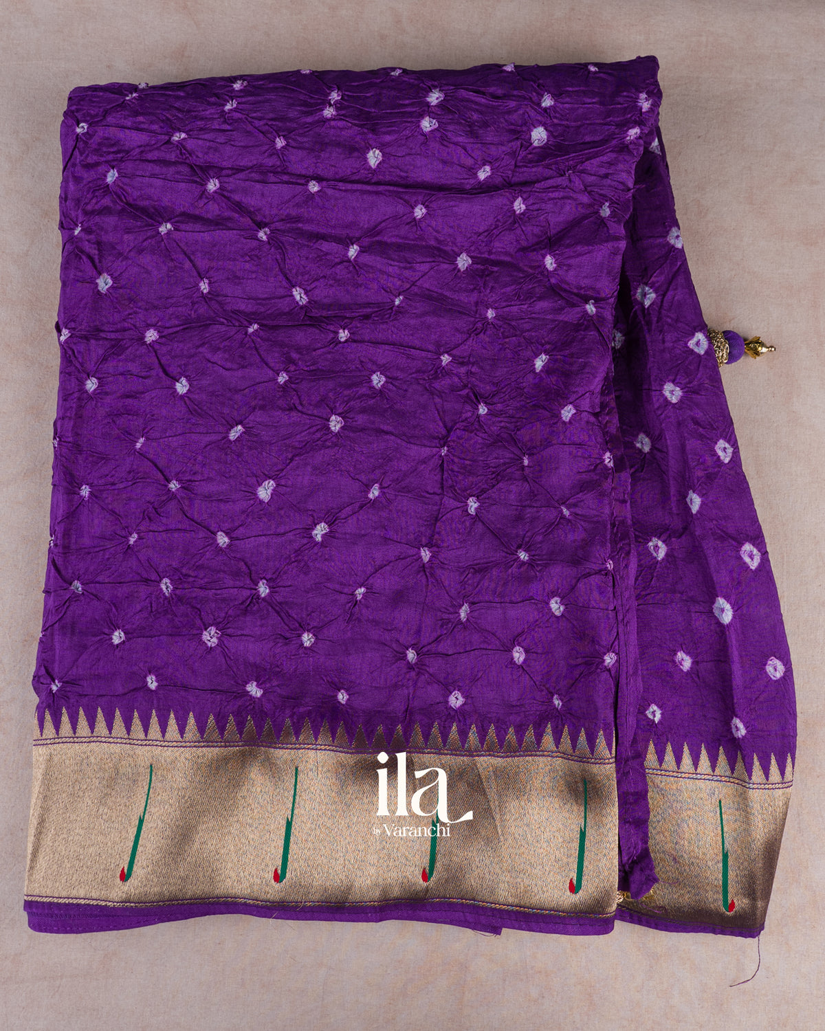 Deep Violet Bandhani Semi Silk Saree — Full Saree