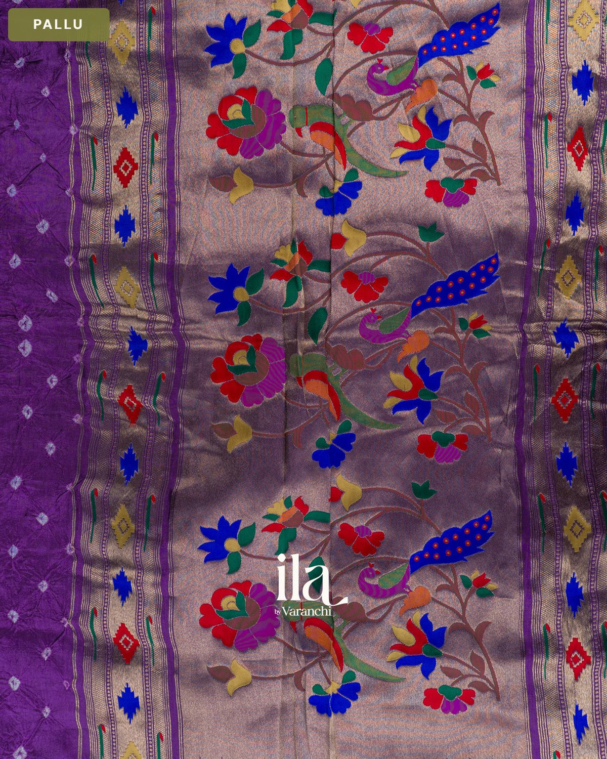 Deep Violet Bandhani Semi Silk Saree — Pallu