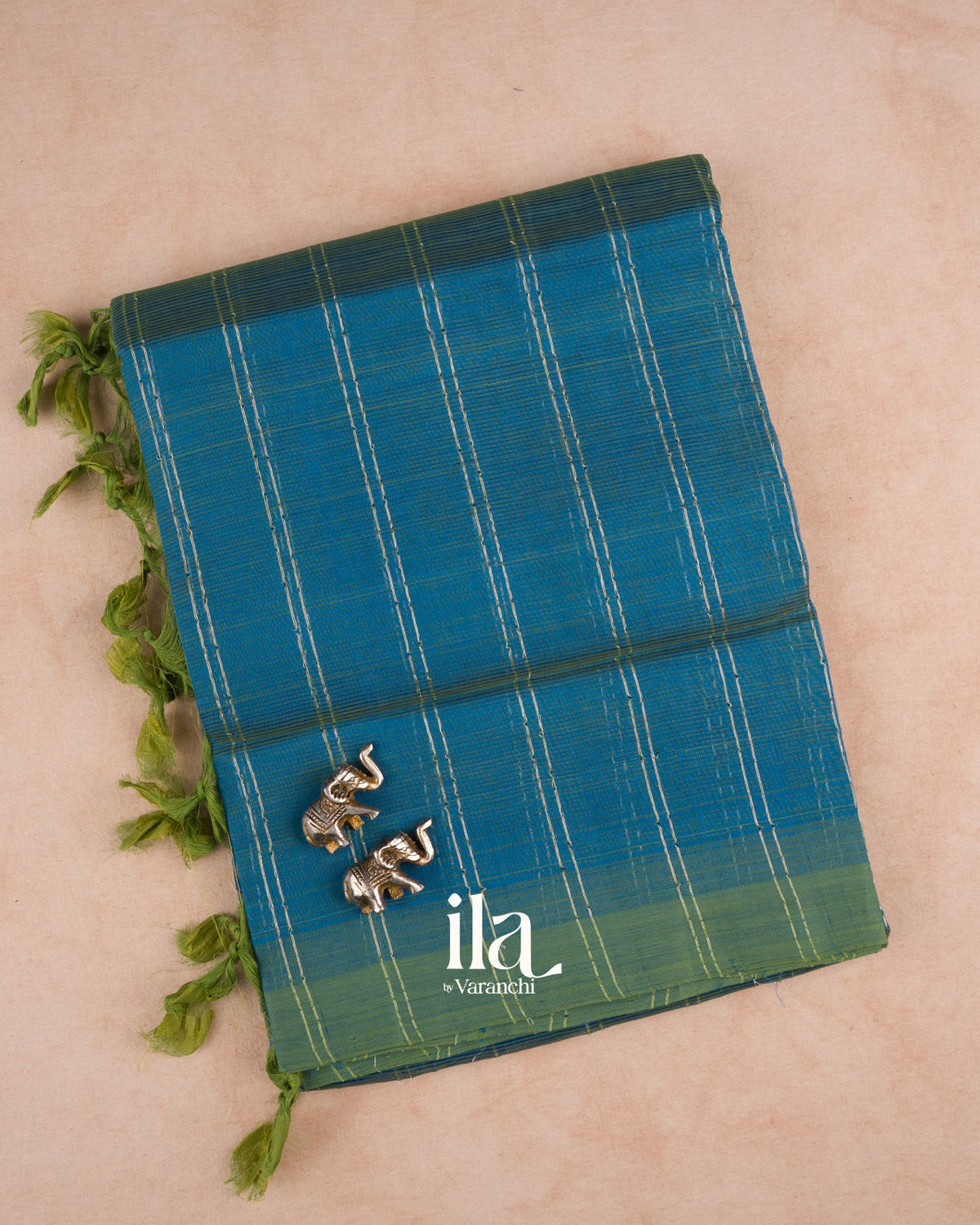 Teal Blue Striped Semi Mangalgiri Saree — Folded