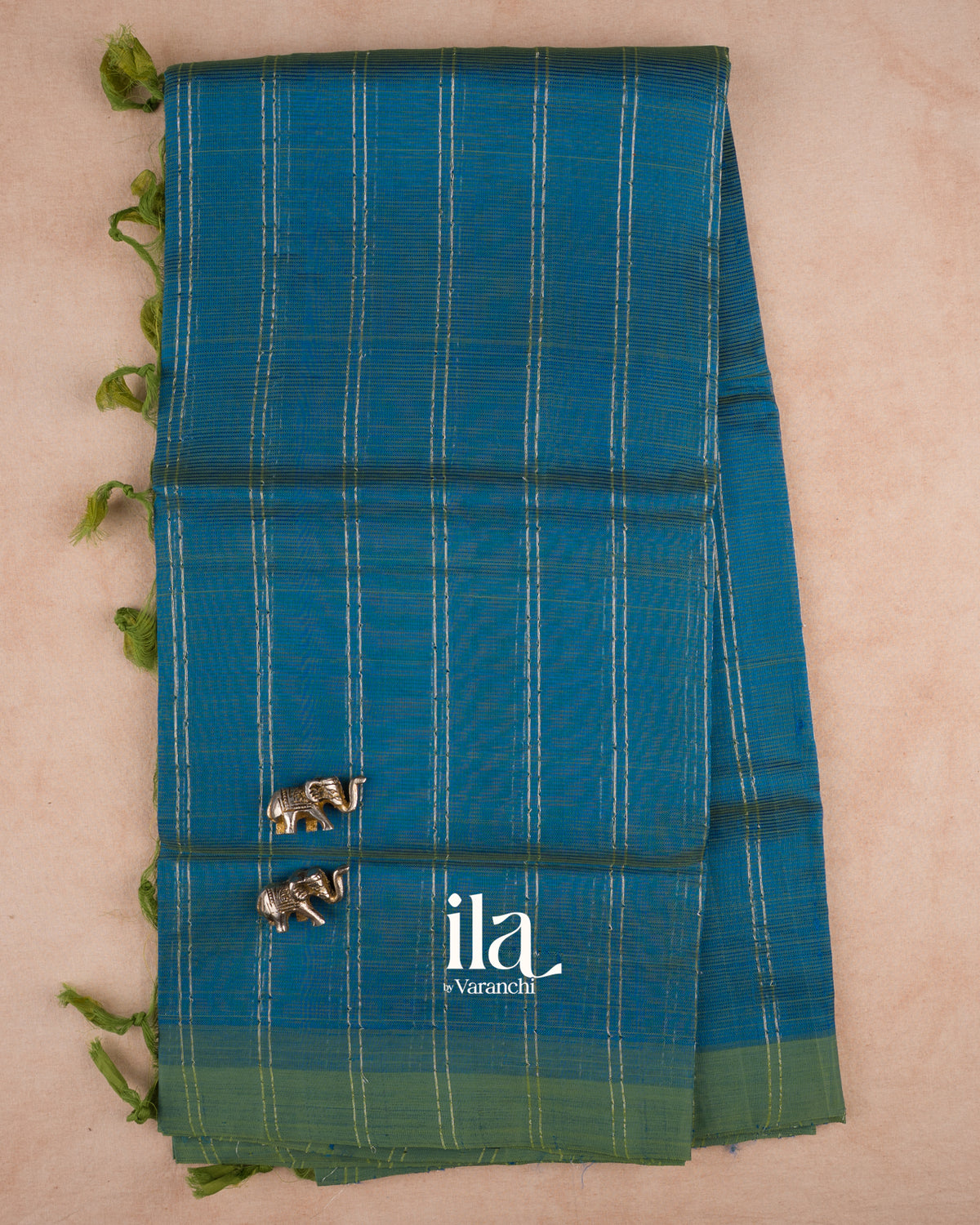 Teal Blue Striped Semi Mangalgiri Saree — Full Saree