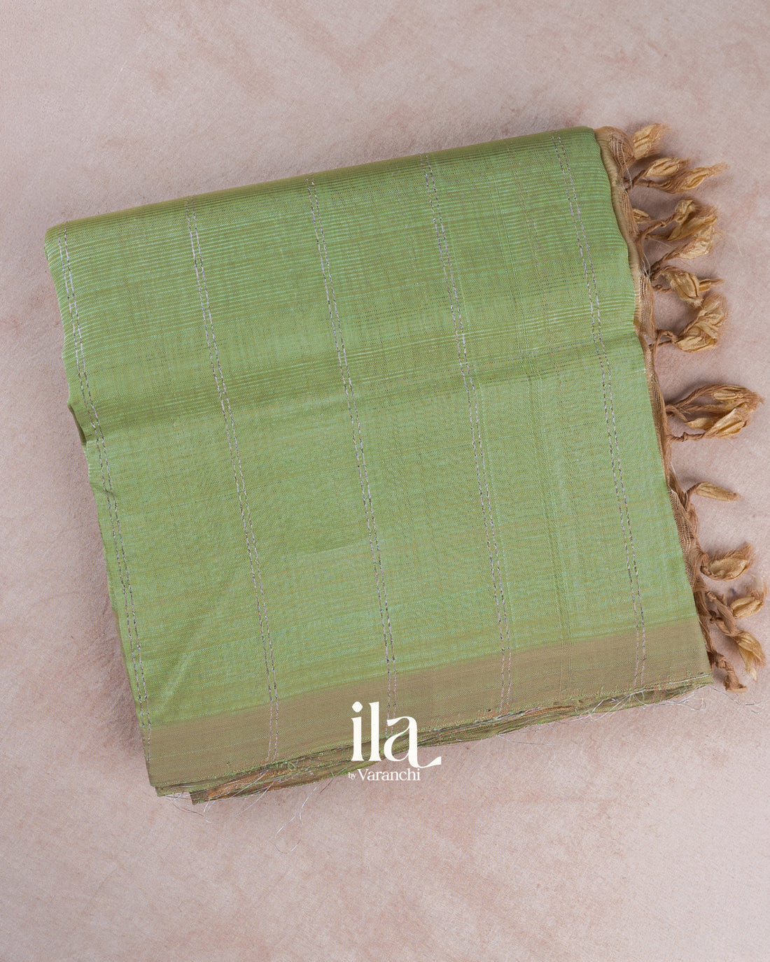 Sage Green Striped Semi Mangalgiri Saree — Folded