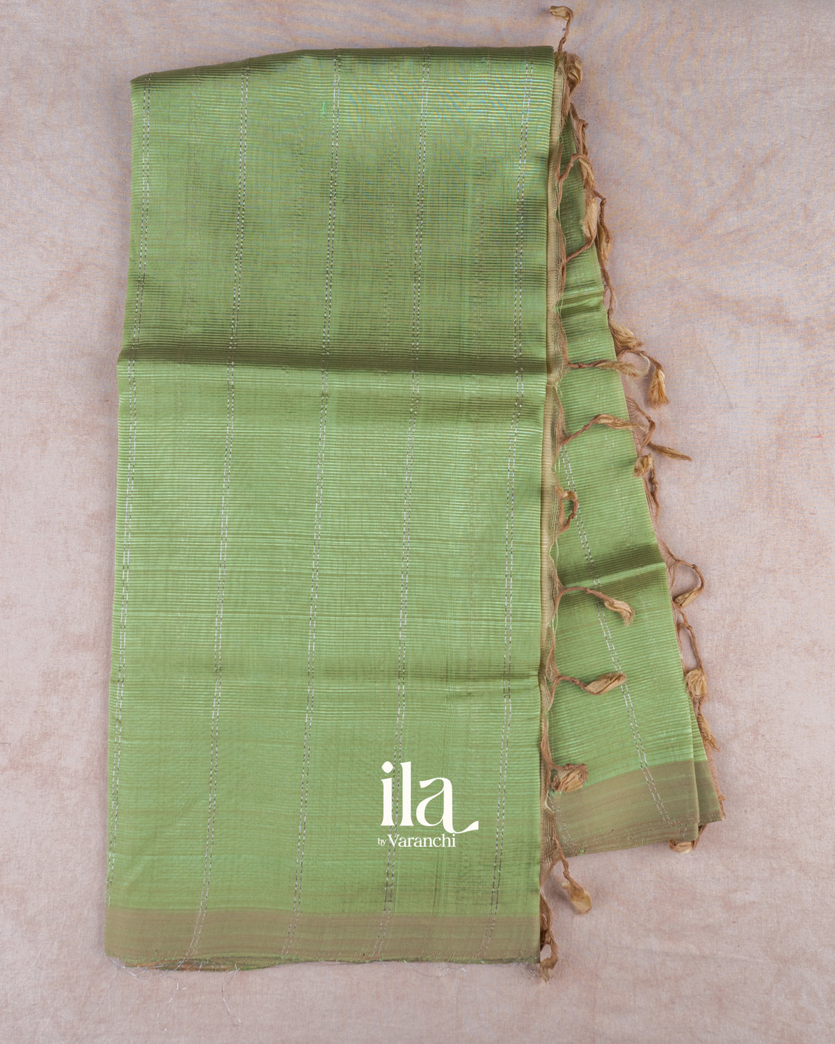 Sage Green Striped Semi Mangalgiri Saree — Full Saree