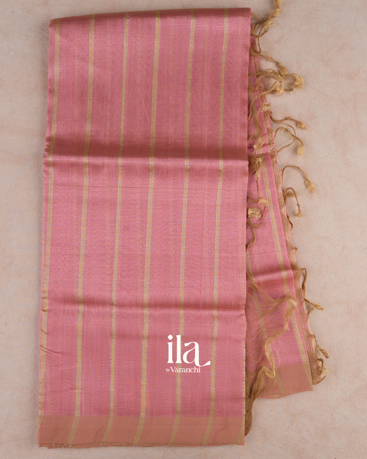 Rose Pink Striped Semi Mangalgiri Saree — Full Saree