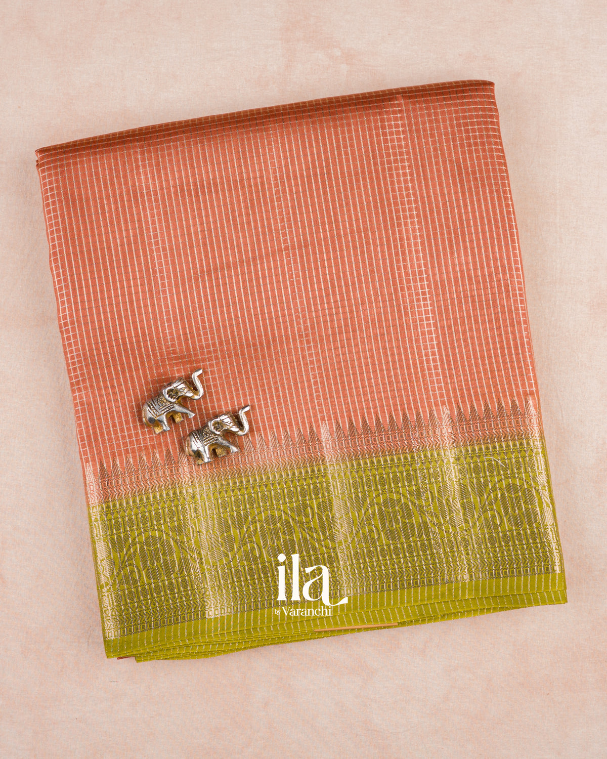 Peach Checkered Chanderi Silk Cotton Saree — Folded