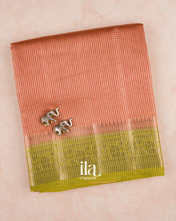 Peach Checkered Chanderi Silk Cotton Saree — Folded