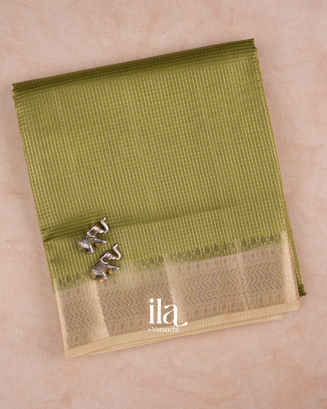 Olive Green Checkered Chanderi Silk Cotton Saree — Folded