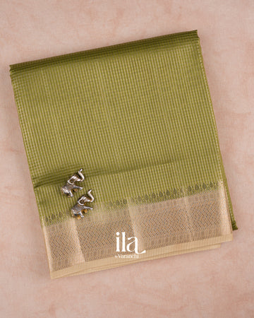 Olive Green Checkered Chanderi Silk Cotton Saree — Folded