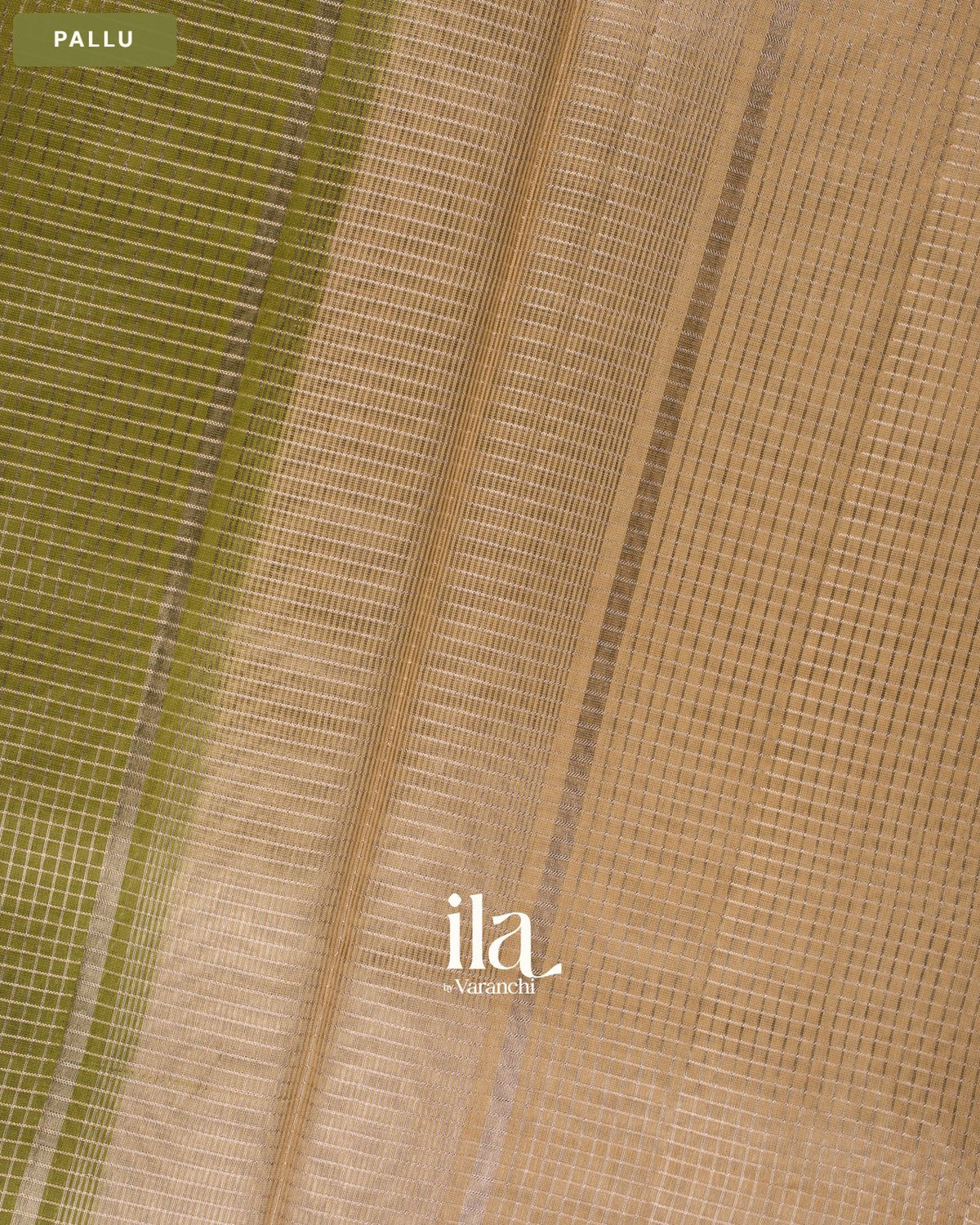 Olive Green Checkered Chanderi Silk Cotton Saree — Pallu