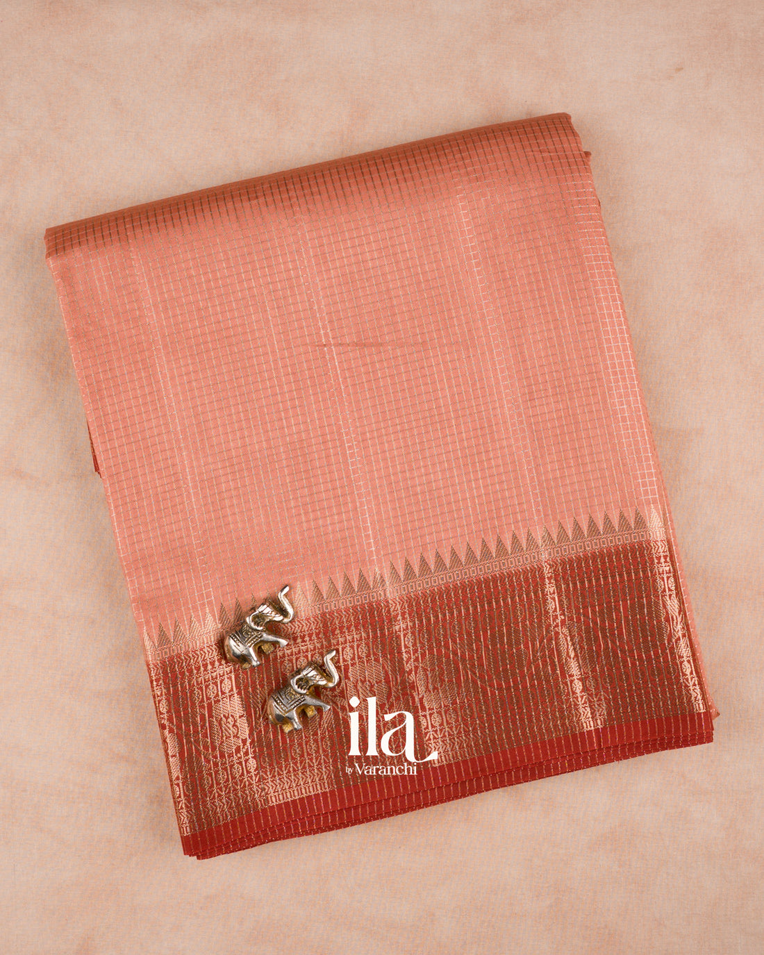 Coral Peach Checkered Chanderi Silk Cotton Saree — Folded