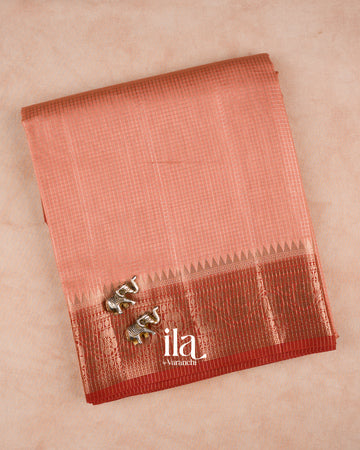 Coral Peach Checkered Chanderi Silk Cotton Saree — Folded