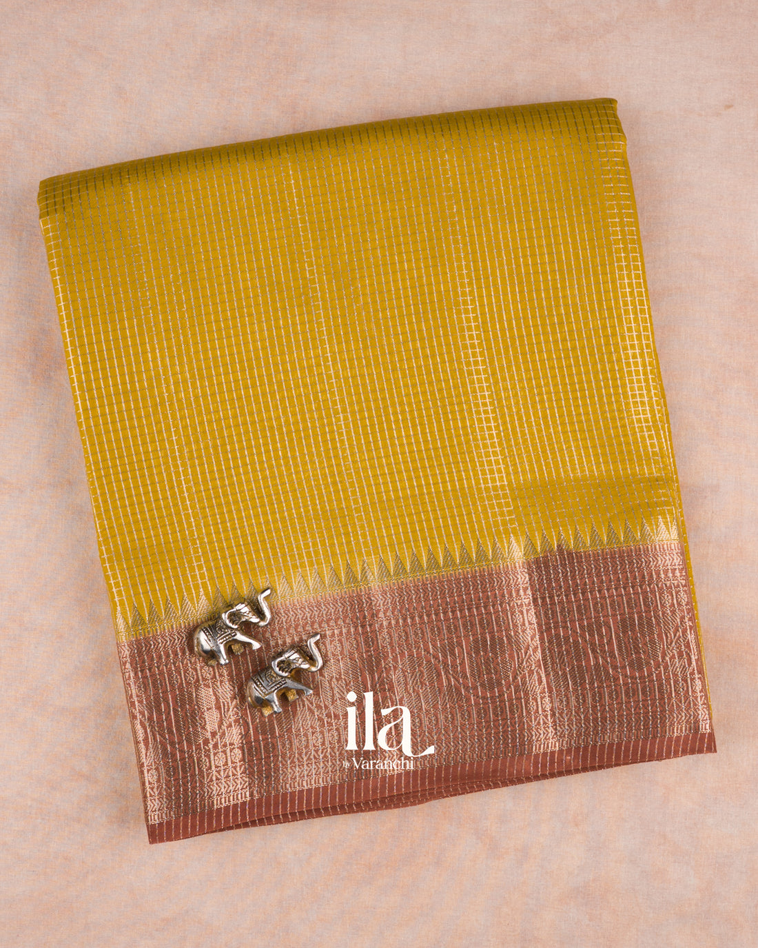 OliveYellow Checkered Chanderi Silk Cotton Saree — Folded