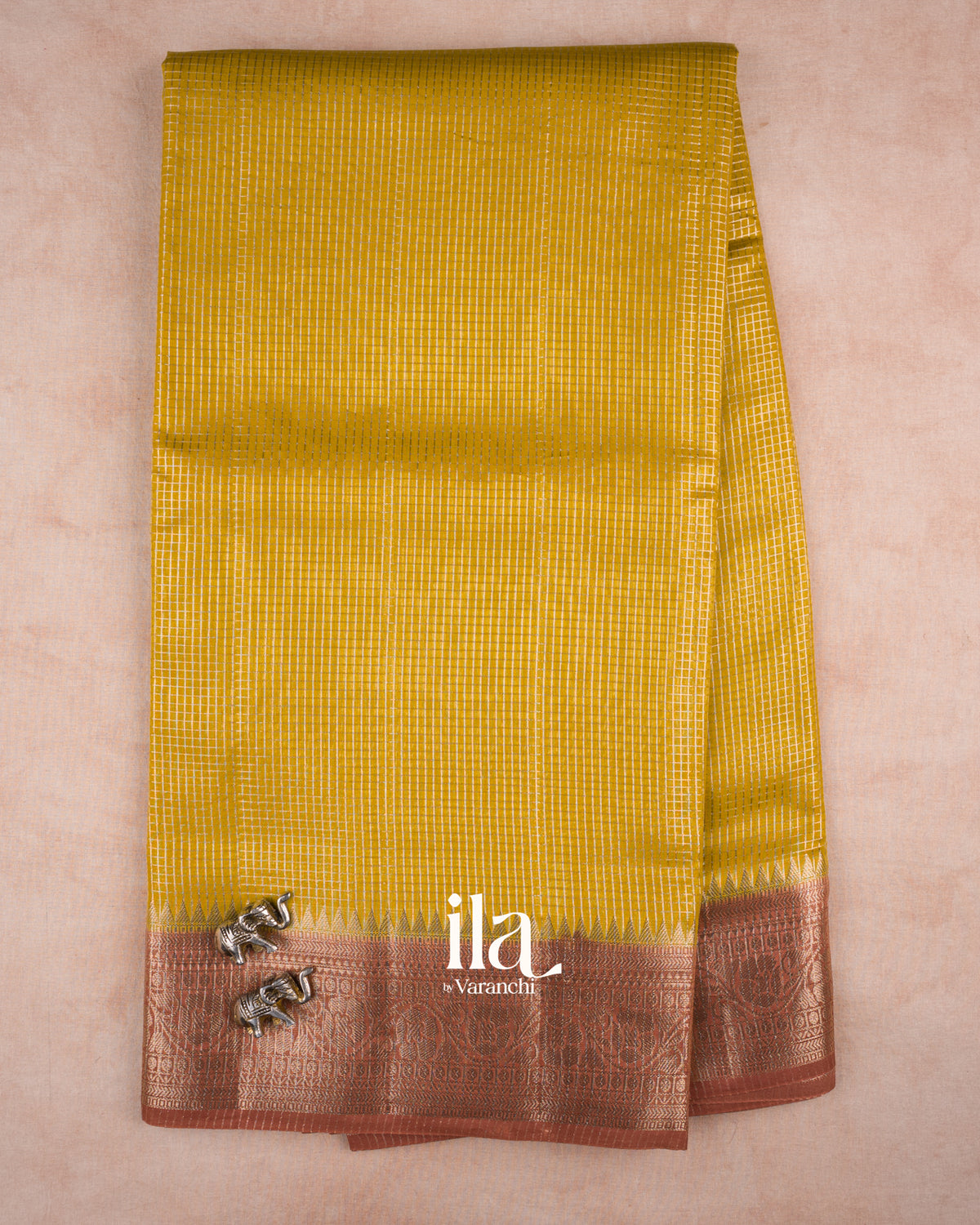 OliveYellow Checkered Chanderi Silk Cotton Saree — Full Saree