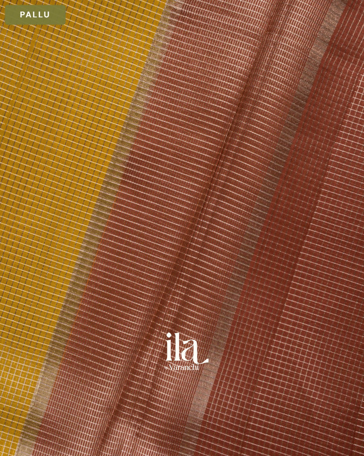 OliveYellow Checkered Chanderi Silk Cotton Saree — Pallu