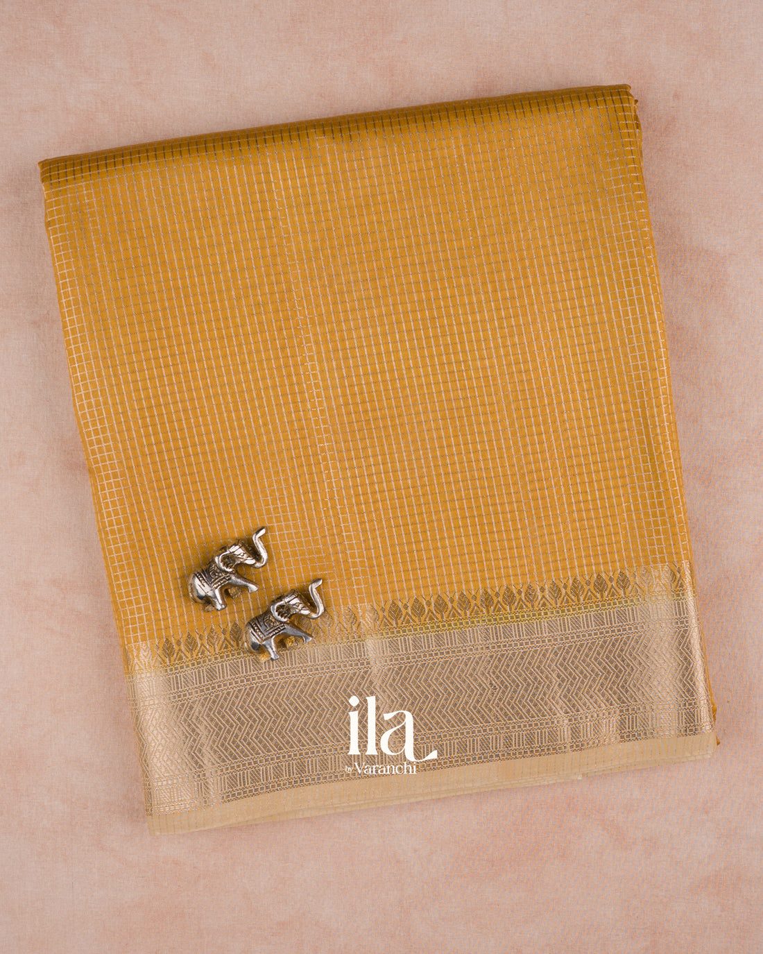Mustard Yellow Checkered Chanderi Silk Cotton Saree — Folded