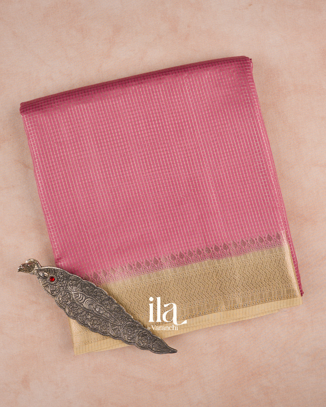 Dusty Rose Checkered Chanderi Silk Cotton Saree — Folded