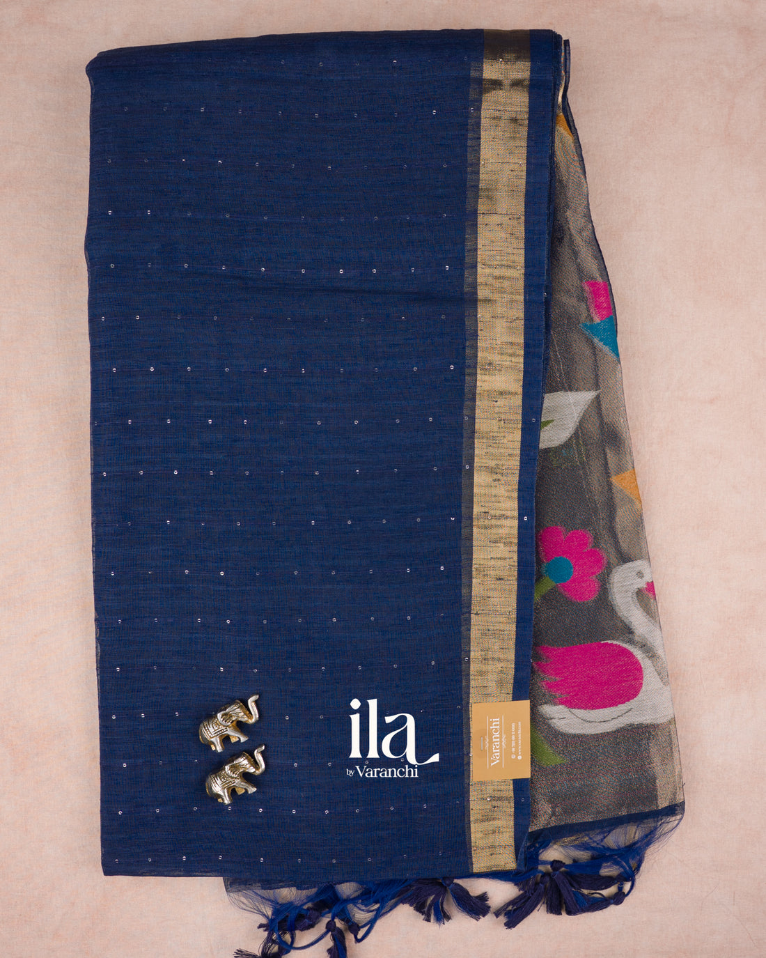 Navy Blue Jamdani Sequin with Paithani Pallu Semi Matka Saree — Full Saree