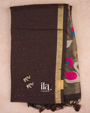 Coffee Brown Jamdani Sequin with Paithani Pallu Semi Matka Saree — Full Saree