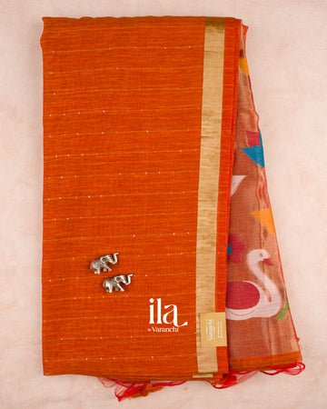 Rust Orange Sequin with Paithani Pallu Semi Matka Saree — Full Saree