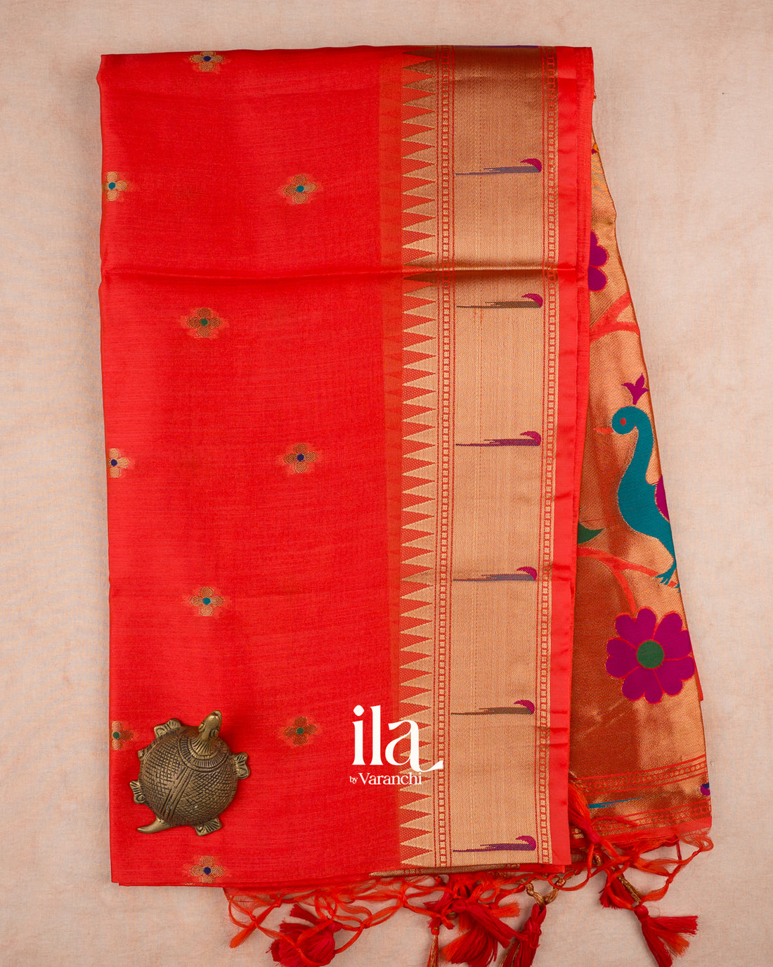 Tomato Red with Paithani Pallu Semi Silk Saree — Full Saree