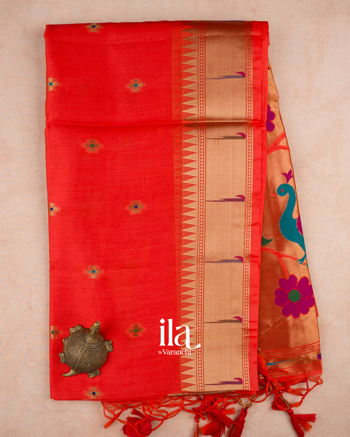 Tomato Red with Paithani Pallu Semi Silk Saree — Full Saree