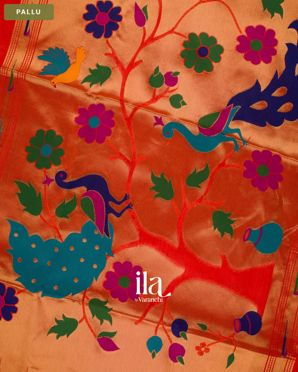 Tomato Red with Paithani Pallu Semi Silk Saree — Pallu