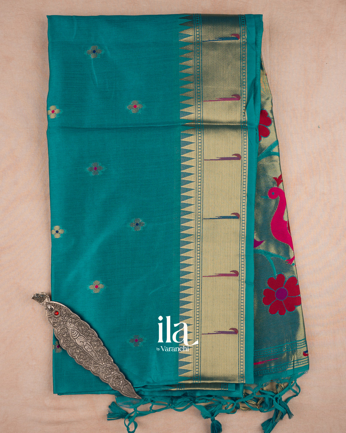 Teal Blue with Paithani Pallu Semi Silk Saree — Full Saree