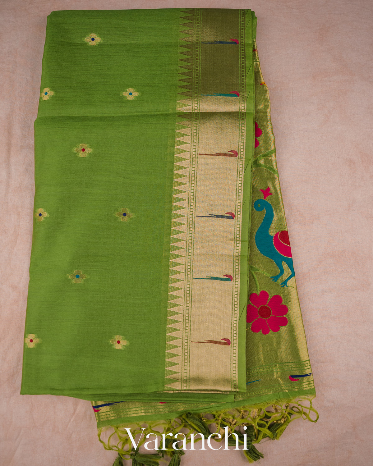Parrot Green Paithani Semi Silk Saree — Full Saree
