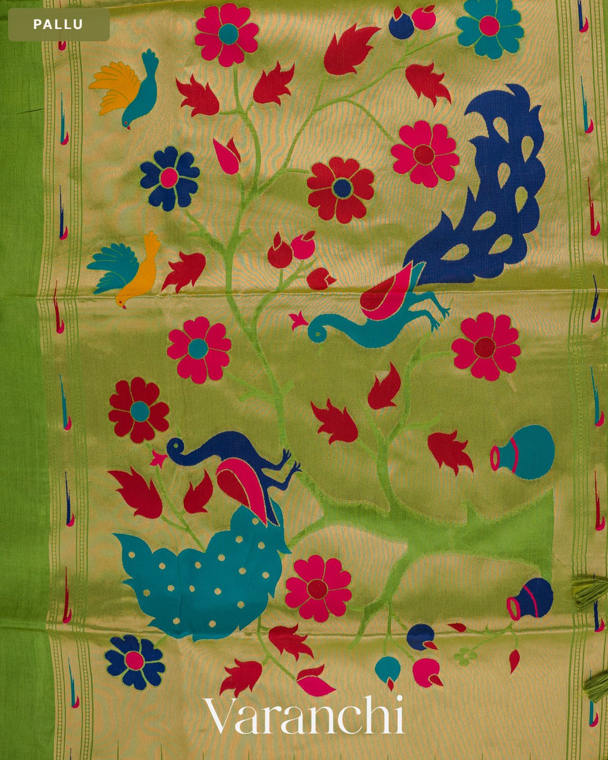 Parrot Green Paithani Semi Silk Saree — Pallu