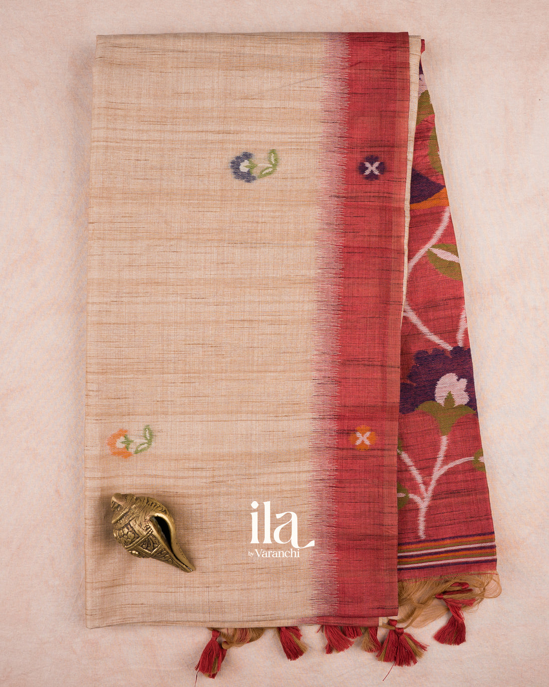 Coral Red Semi Tussar Saree — Full Saree