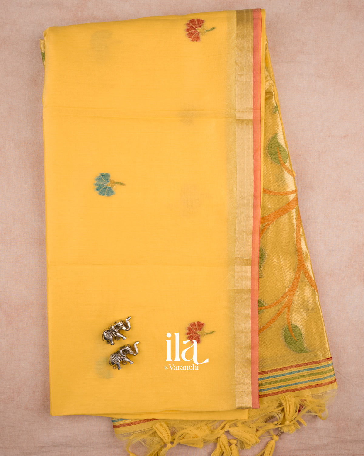 Pale Yellow Paithani Semi Silk Saree — Full Saree