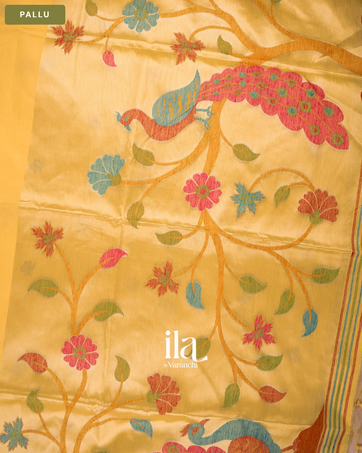 Pale Yellow Paithani Semi Silk Saree — Pallu