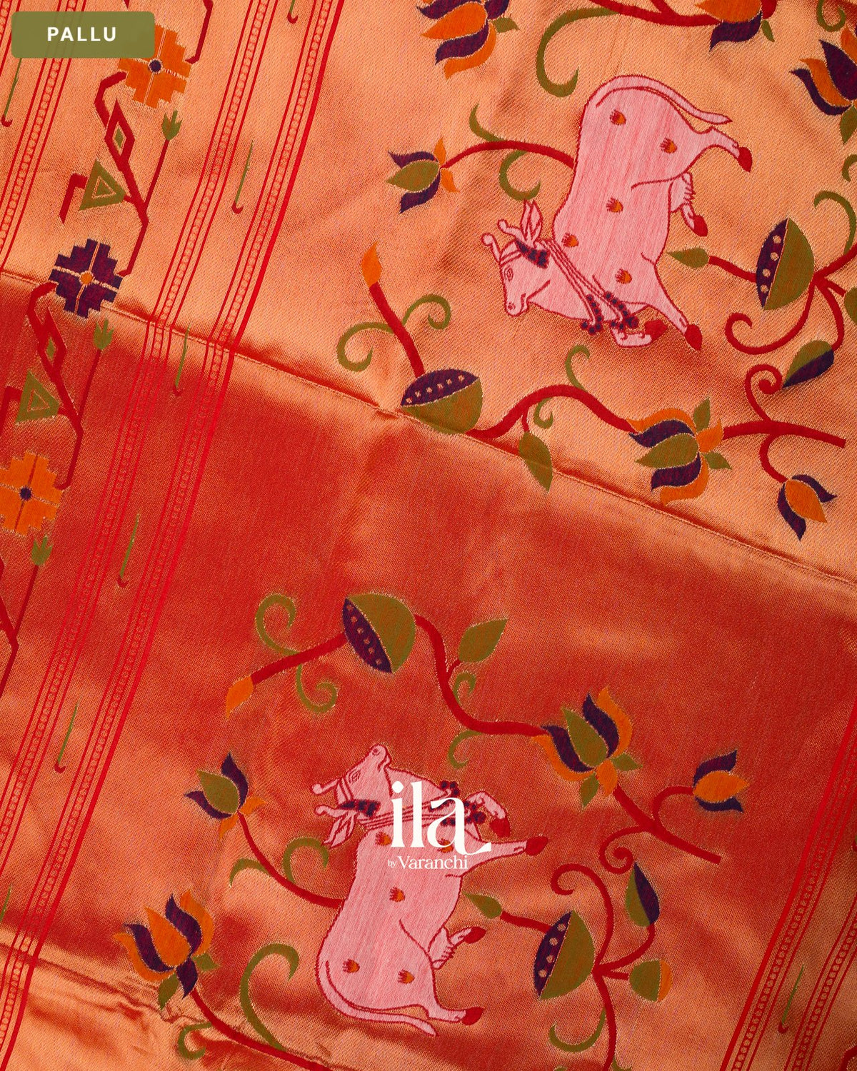 Tomato Red with Paithani Pallu Semi Silk Saree — Pallu