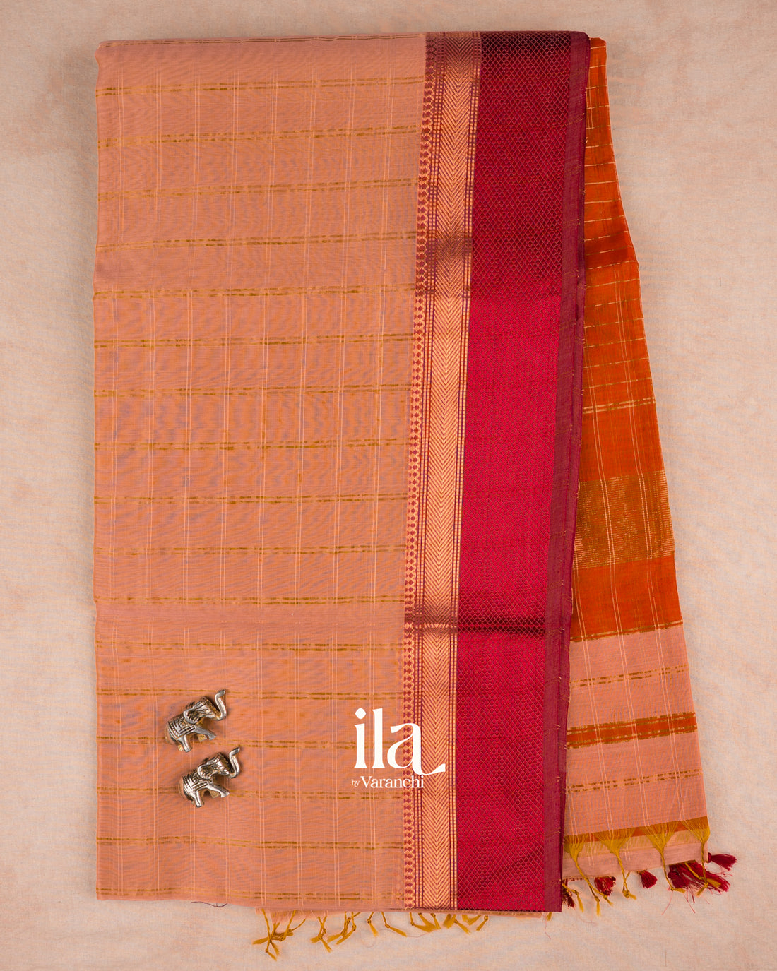 Dusty Peach Checkered Maheshwari Silk Cotton Saree — Full Saree