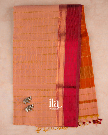 Dusty Peach Checkered Maheshwari Silk Cotton Saree — Full Saree