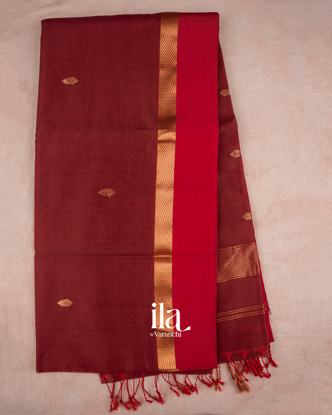 Maroon Maheshwari Silk Cotton Saree — Full Saree