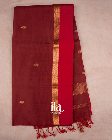 Maroon Maheshwari Silk Cotton Saree — Full Saree