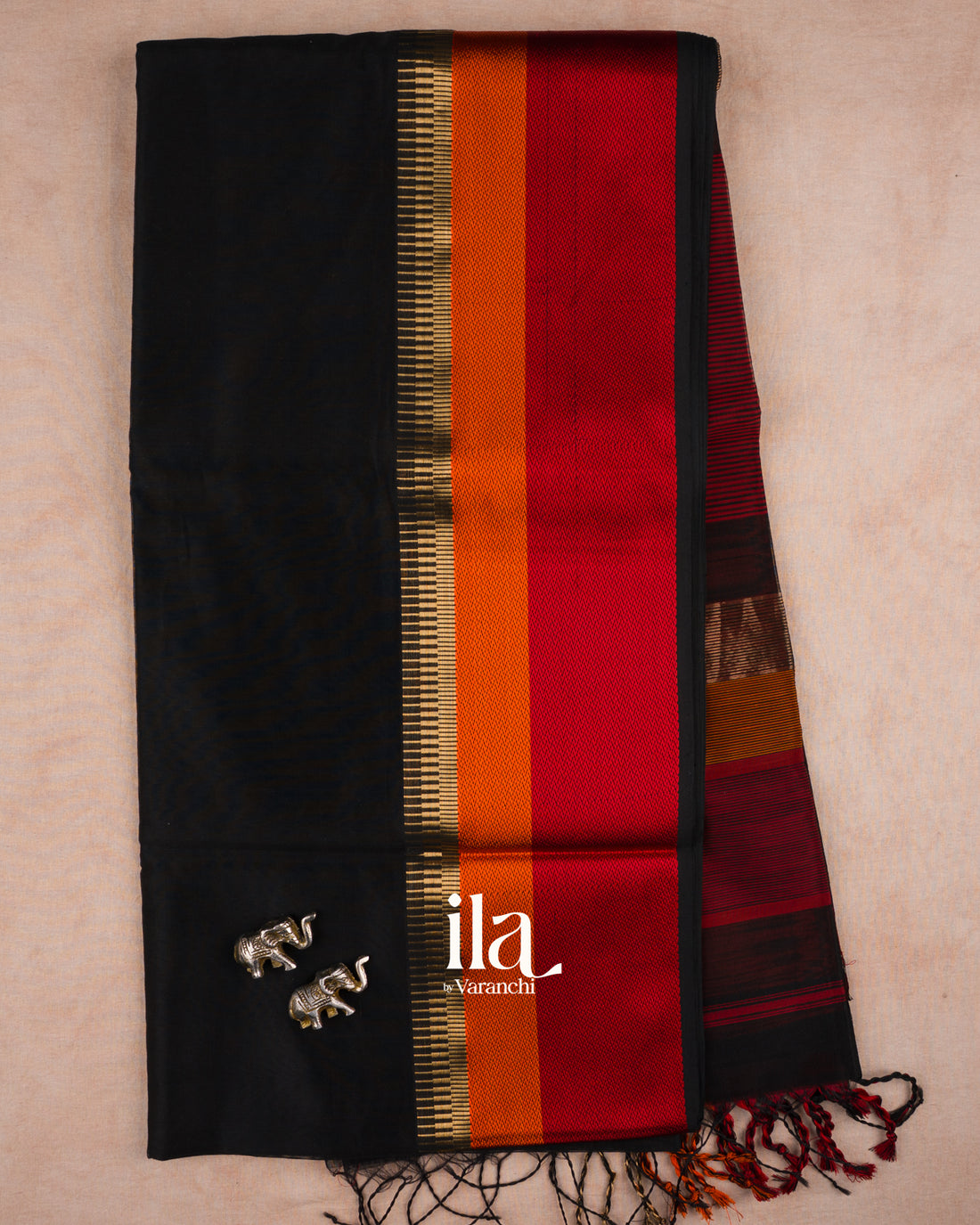 Black Maheshwari Silk Cotton Saree — Full Saree
