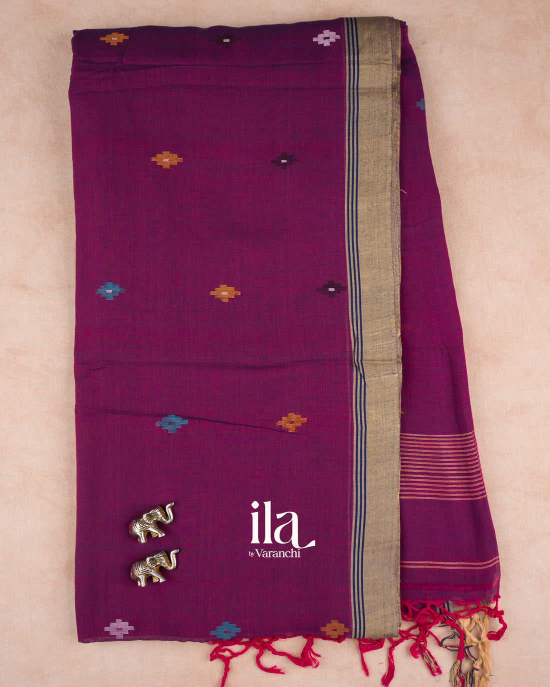 Wine Purple Floral Jamdani Mul Cotton Saree — Full Saree