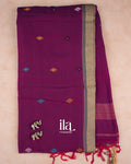 Wine Purple Floral Jamdani Mul Cotton Saree — Full Saree