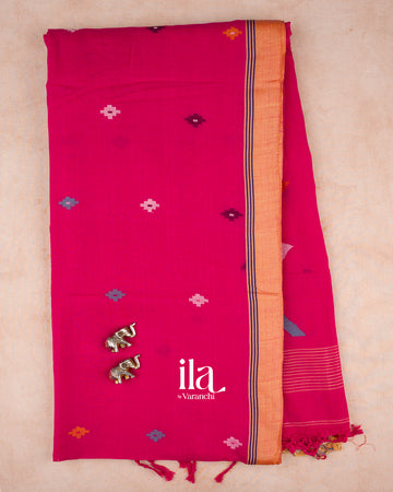 Deep Magenta Floral Jamdani Mul Cotton Saree — Full Saree