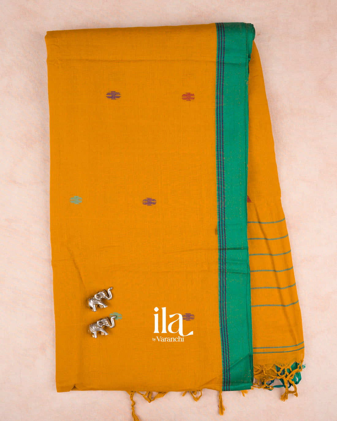 Mustard Yellow Floral Jamdani Mul Cotton Saree — Full Saree