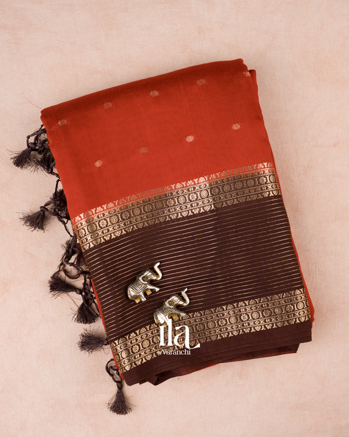 Rust Orange Assam Silk Saree — Folded