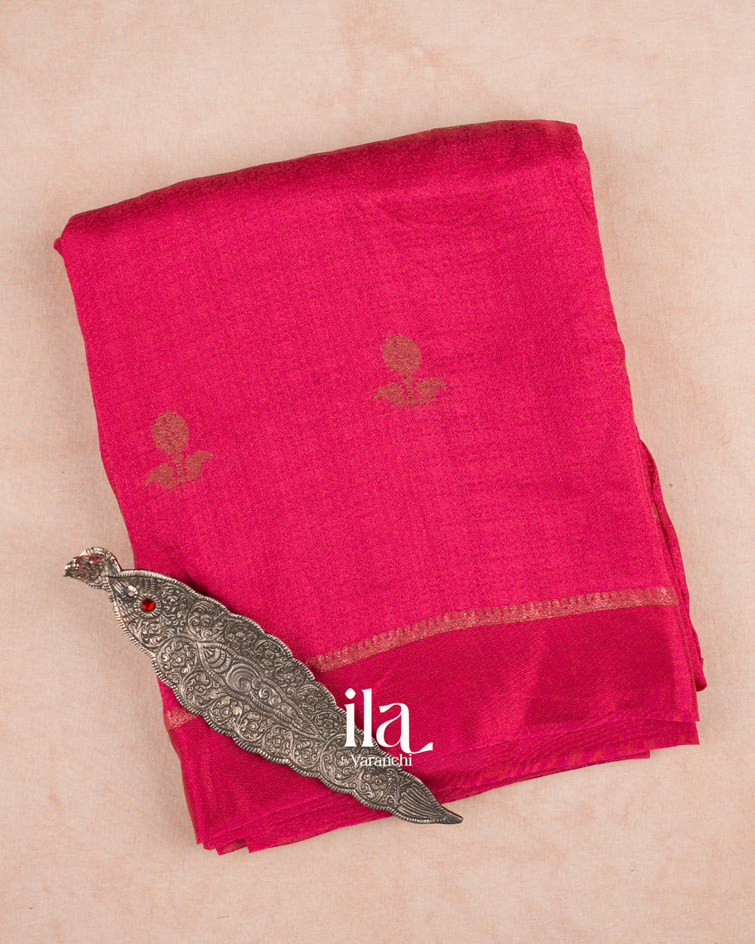 Rani Pink Semi Silk Saree — Folded