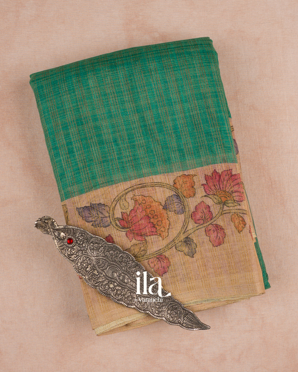 Teal Green Checkered Kalamkari Semi Linen Tissue Saree — Folded
