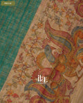 Teal Green Checkered Kalamkari Semi Linen Tissue Saree — Pallu