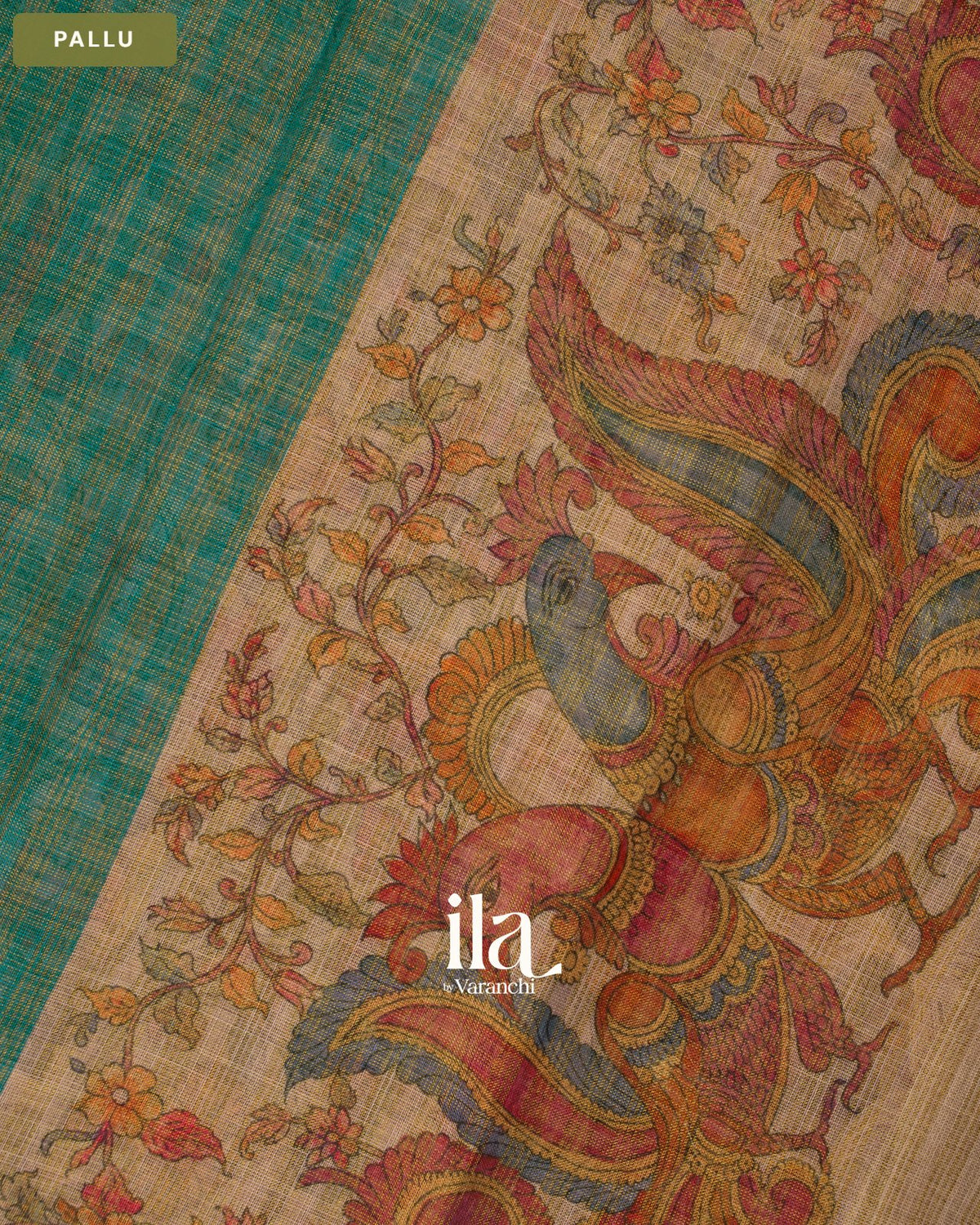 Teal Green Checkered Kalamkari Semi Linen Tissue Saree — Pallu
