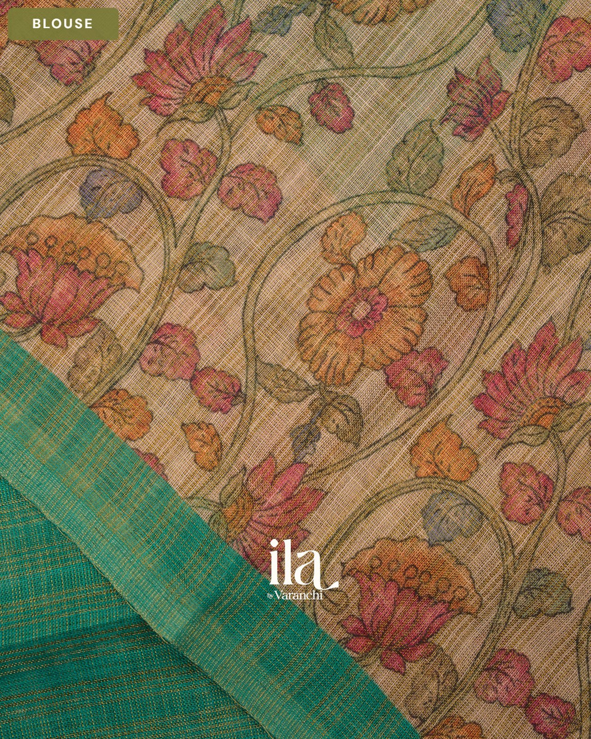 Teal Green Checkered Kalamkari Semi Linen Tissue Saree — Blouse